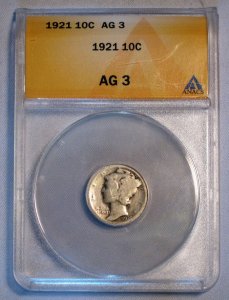 Mercury Dime 1921 ANACS AG 3 Key Date US Silver Coin WDEC-07